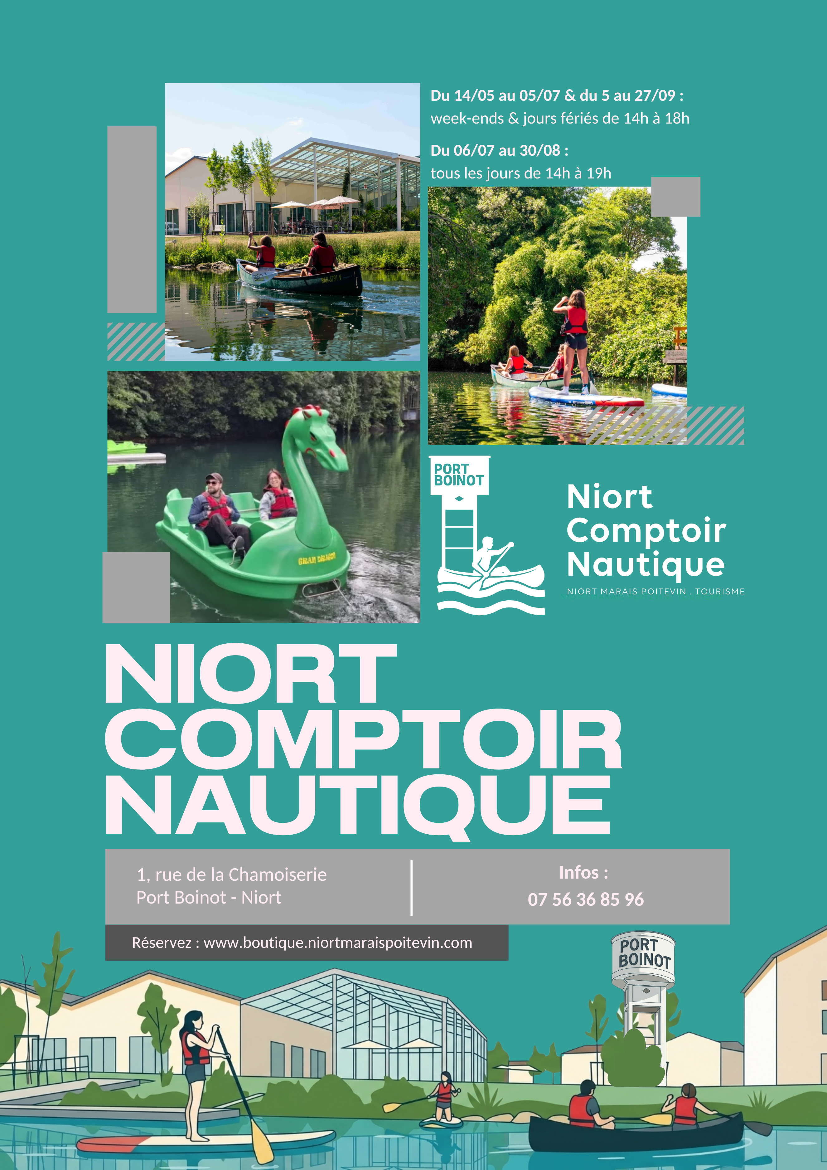 Affiche du Niort Comptoir Nautique avec photos de canoë, stand up paddle et pédalo dragon sur la Sèvre Niortaise