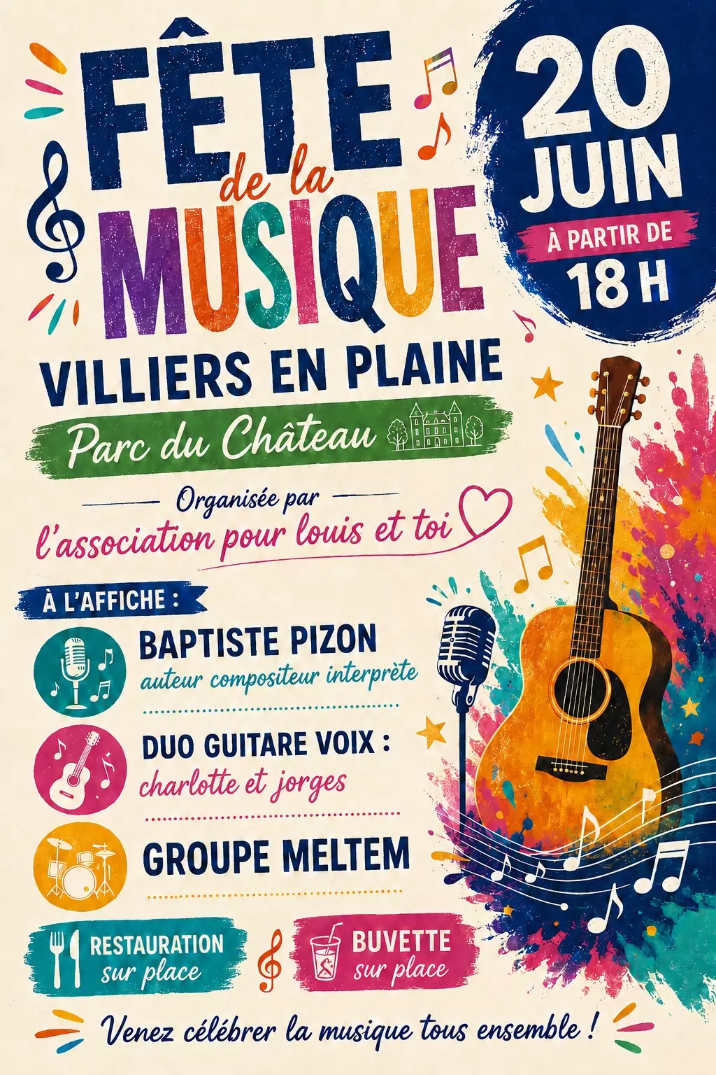 Affiche de la Fête de la Musique à Villiers-en-Plaine, 20 juin à partir de 18h, Parc du Château