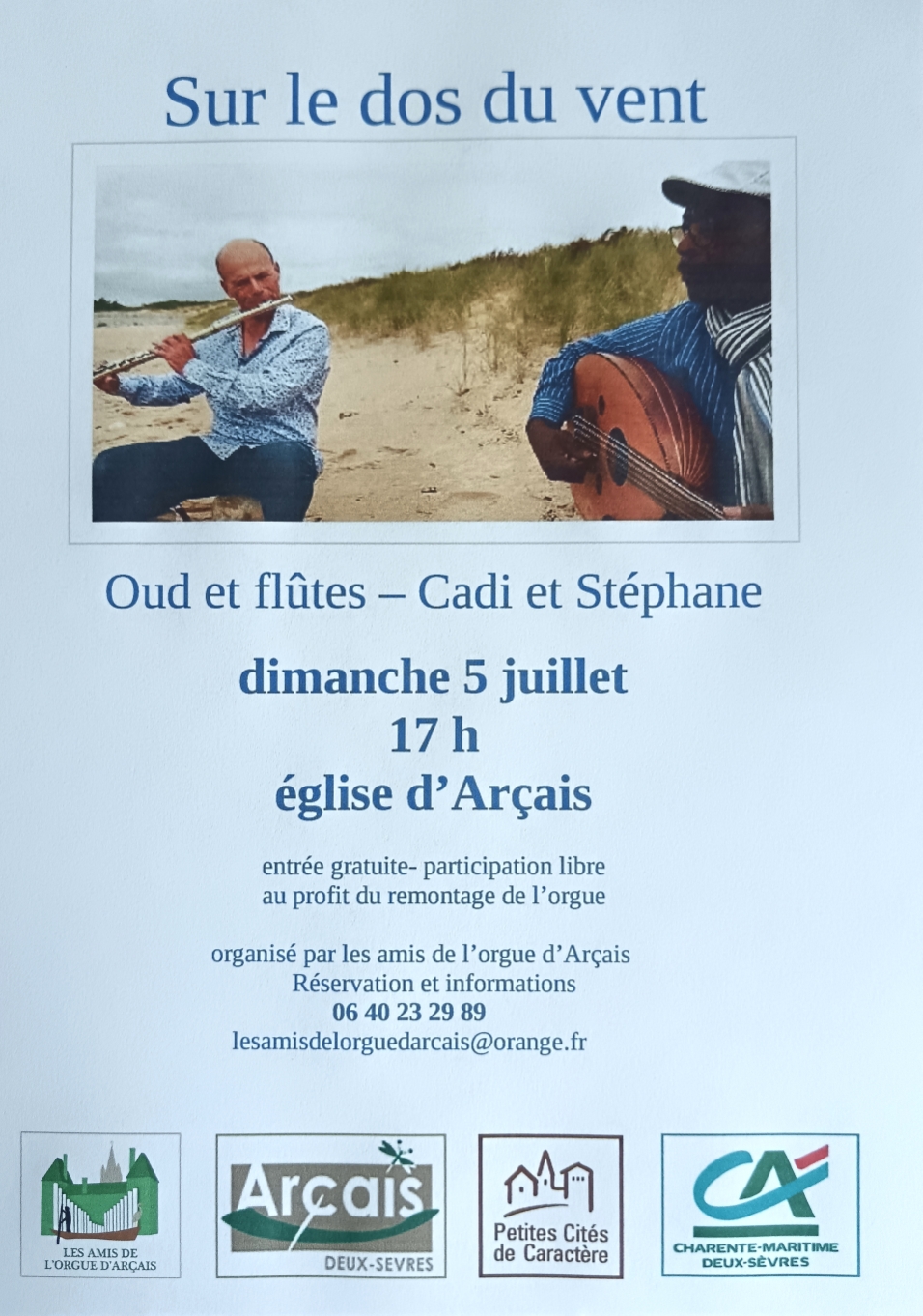 Affiche du concert « Sur le dos du vent » – Oud et flûtes avec Cadi et Stéphane, église d'Arçais