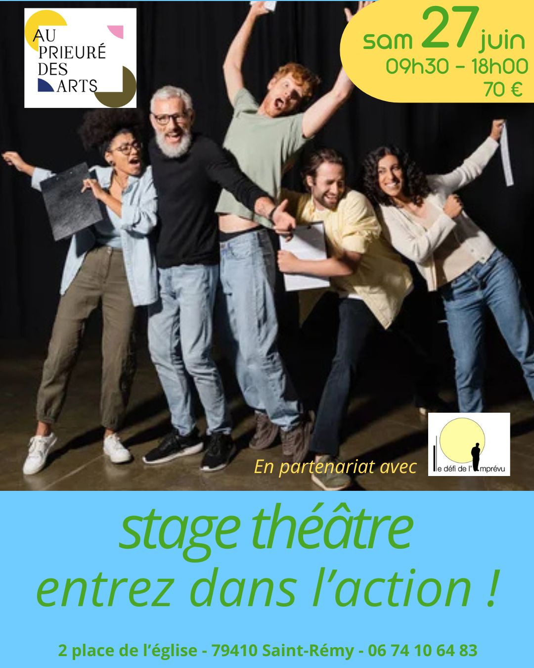 Affiche du stage théâtre « Entrez dans l'action ! » au Prieuré des Arts – groupe de comédiens en pleine action