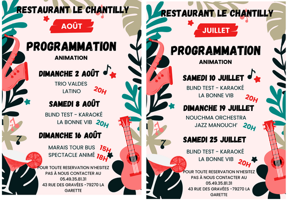 Affiches de programmation estivale juillet et août du Restaurant Le Chantilly à La Garette - Agrandir l'image, fenêtre modale