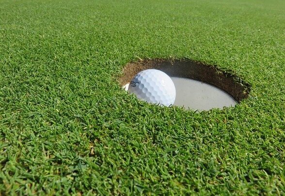 Balle de golf sur le bord d'un trou dans un green - Agrandir l'image, fenêtre modale