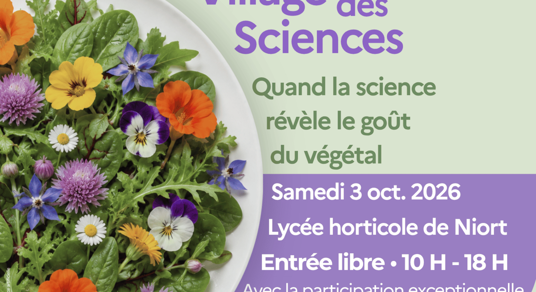 Affiche Village des Sciences – Fête de la Science 2026, lycée horticole de Niort, samedi 3 octobre, 10h-18h
