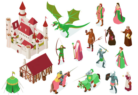 Illustration médiévale isométrique avec château, dragon, chevaliers, archer, mage et personnages en costumes d'époque - Agrandir l'image, fenêtre modale