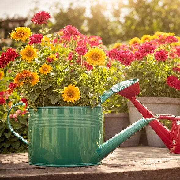 Arrosoirs turquoise et rouges à pois blancs posés parmi des tournesols et fleurs colorées dans un jardin ensoleillé - Agrandir l'image, fenêtre modale