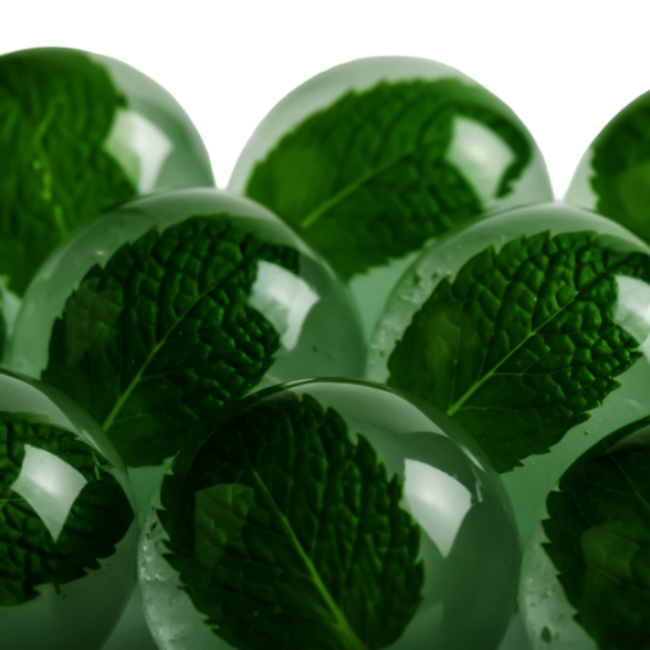 Feuilles de menthe fraîche encapsulées dans des sphères de gel translucide, évoquant la fraîcheur des préparations végétales - Agrandir l'image, fenêtre modale