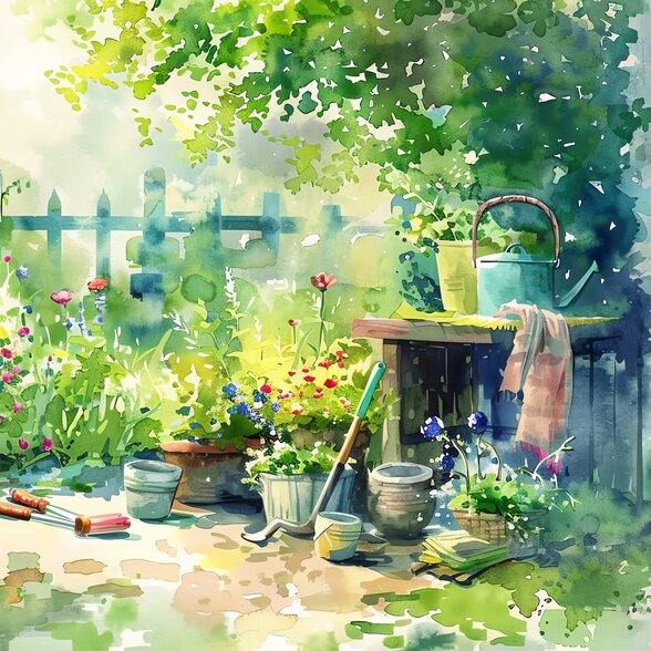 Jardin fleuri ensoleillé avec arrosoir, seaux et outils à main disposés sur un sol pavé, entouré de verdure - Agrandir l'image, fenêtre modale