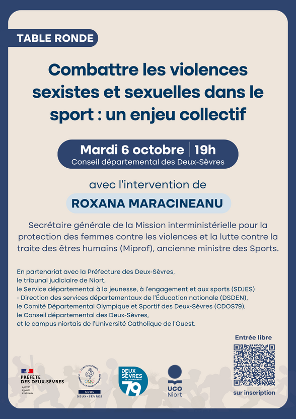 Affiche de la table ronde « Combattre les violences sexistes et sexuelles dans le sport » – 6 octobre, 19h