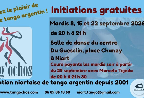 Affiche des initiations gratuites au tango argentin avec Tang'ochos à Niort, septembre 2026 - Agrandir l'image, fenêtre modale