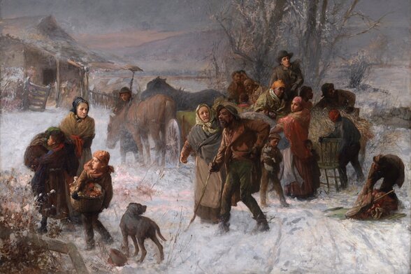 Tableau de Charles T. Webber, 1893 : des fugitifs arrivent dans la neige à une ferme où on les accueille