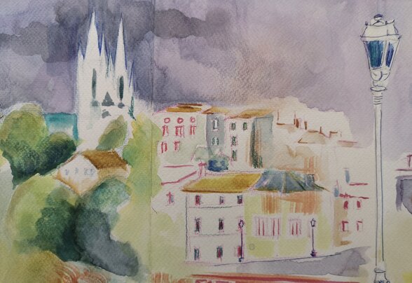 Aquarelle représentant une vue urbaine de Niort avec l'église Saint-André, des toits et un lampadaire au premier plan - Agrandir l'image, fenêtre modale