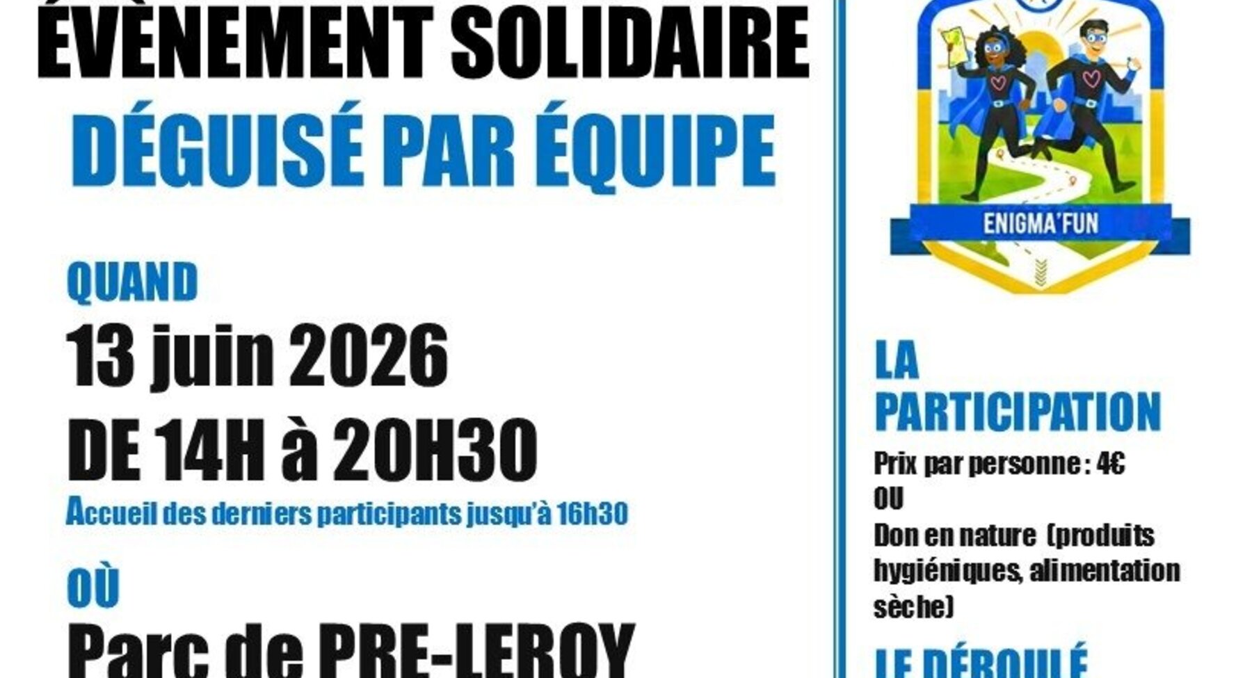 Affiche Enigma'FUN : logo de l'événement, équipes déguisées en parcours d'orientation et participation à 4€ ou don de produits alimentaires