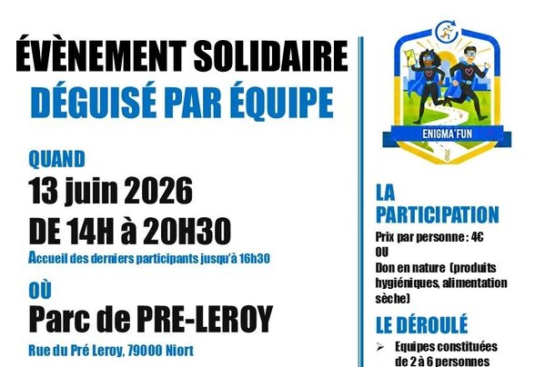 Affiche Enigma'FUN : logo de l'événement, équipes déguisées en parcours d'orientation et participation à 4€ ou don de produits alimentaires - Agrandir l'image, fenêtre modale
