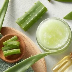 Feuilles d'aloe vera tranchées, bocal de gel vert et flacons d'huile à bouchon liège sur fond blanc - Agrandir l'image, fenêtre modale