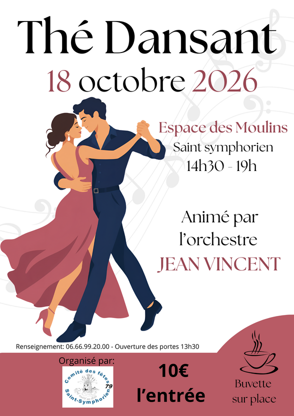Affiche du Thé Dansant du 18 octobre 2026 avec illustration d'un couple en train de danser