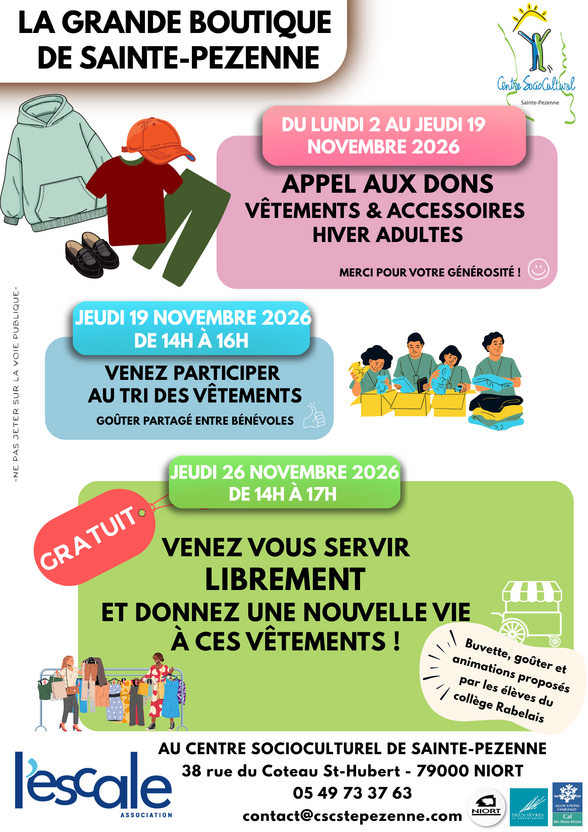 Affiche de la Grande Boutique de vêtements adultes hiver de Sainte-Pezenne