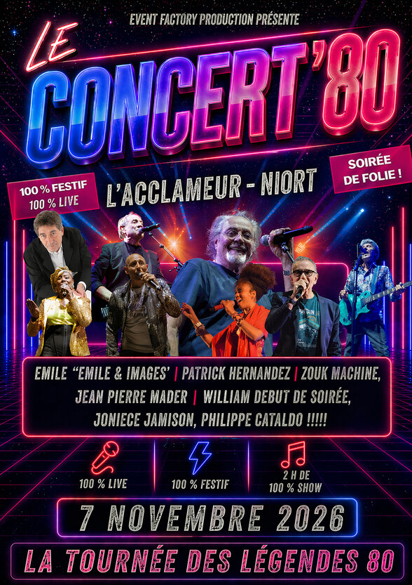 Affiche du spectacle listant les artistes : Emile & Images, Zouk Machine, Jean Pierre Mader, Joniece Jamison, Philippe Cataldo - Agrandir l'image, fenêtre modale