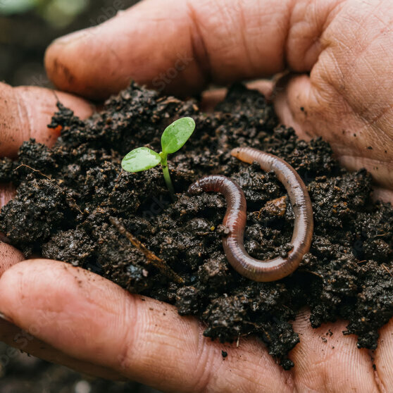 Mains tenant une poignée de terre sombre avec un ver de terre et un jeune plant, indicateurs d'un sol fertile. - Agrandir l'image, fenêtre modale
